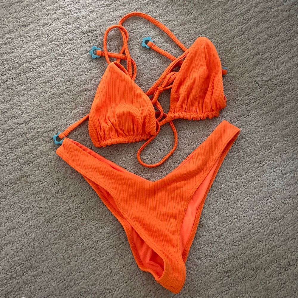 Frankies Bikinis Orange Plisse Ribbed Bikini Top & Bottom